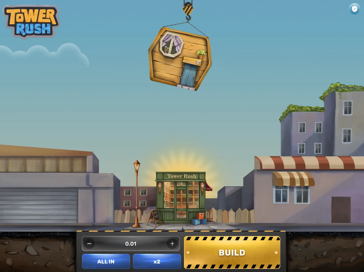 Tower Rush game key art — crane lowering floors onto growing tower